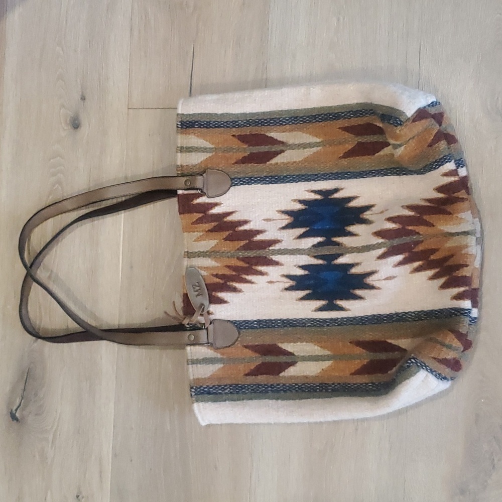 MZ Fair Trade 100% Wool Tote Bag Leather Handle Zip Southwest Geometric Oaxaca